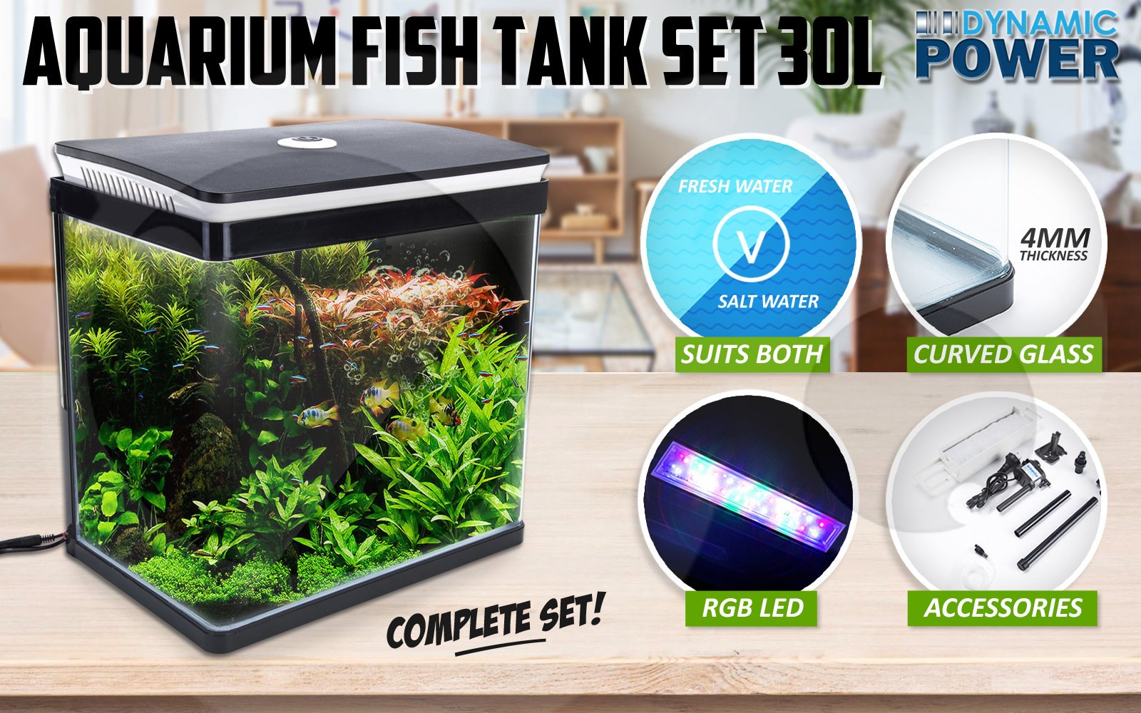 Aquarium Curved Glass RGB LED Fish Tank Set Filter Pump 30L - Image 2