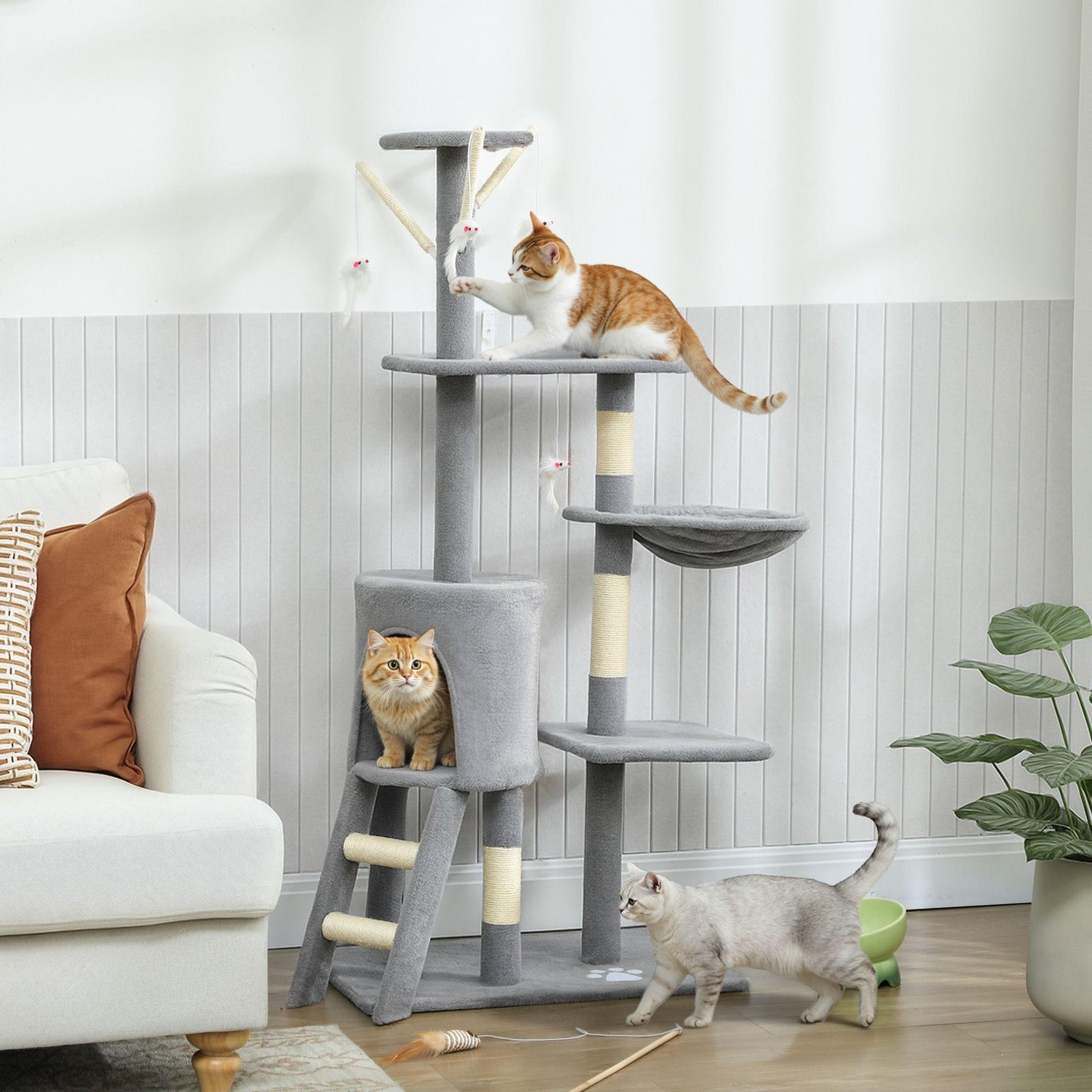 CARLA HOME 134cm Cat Tree for Indoor Cats with Hammock, Plush Perch & Sisal Scratching Posts for Kittens & Adult Cats (Light Grey) - Image 2