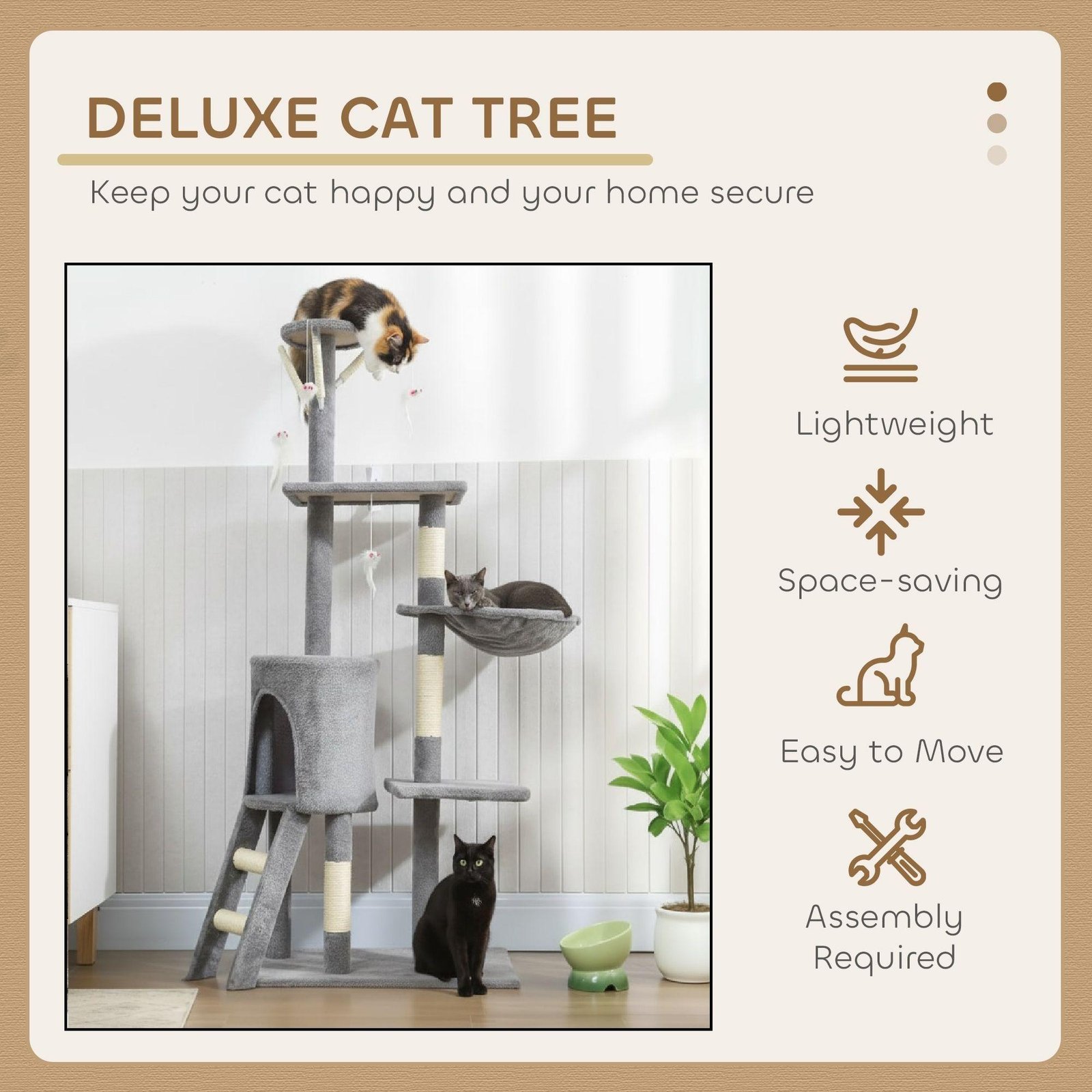 CARLA HOME 134cm Cat Tree for Indoor Cats with Hammock, Plush Perch & Sisal Scratching Posts for Kittens & Adult Cats (Light Grey) - Image 4