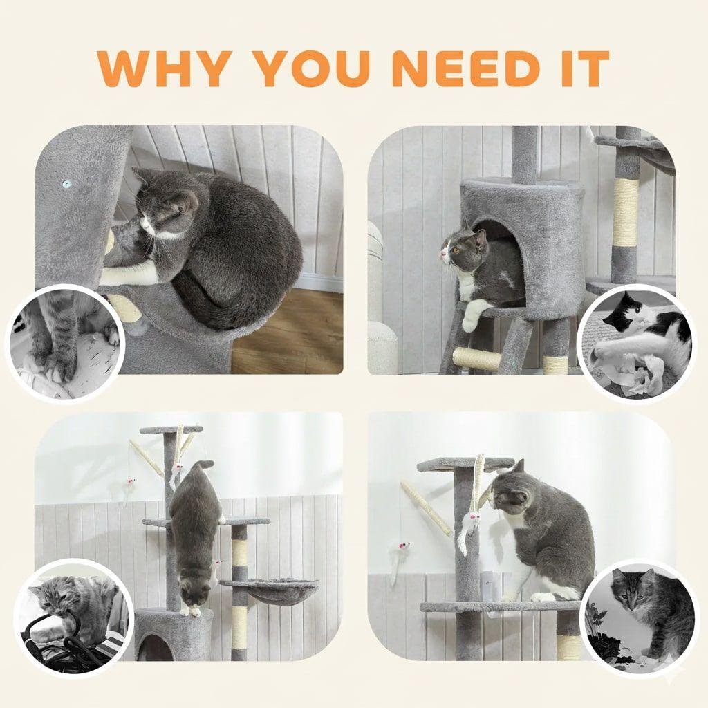 CARLA HOME 134cm Cat Tree for Indoor Cats with Hammock, Plush Perch & Sisal Scratching Posts for Kittens & Adult Cats (Light Grey) - Image 6