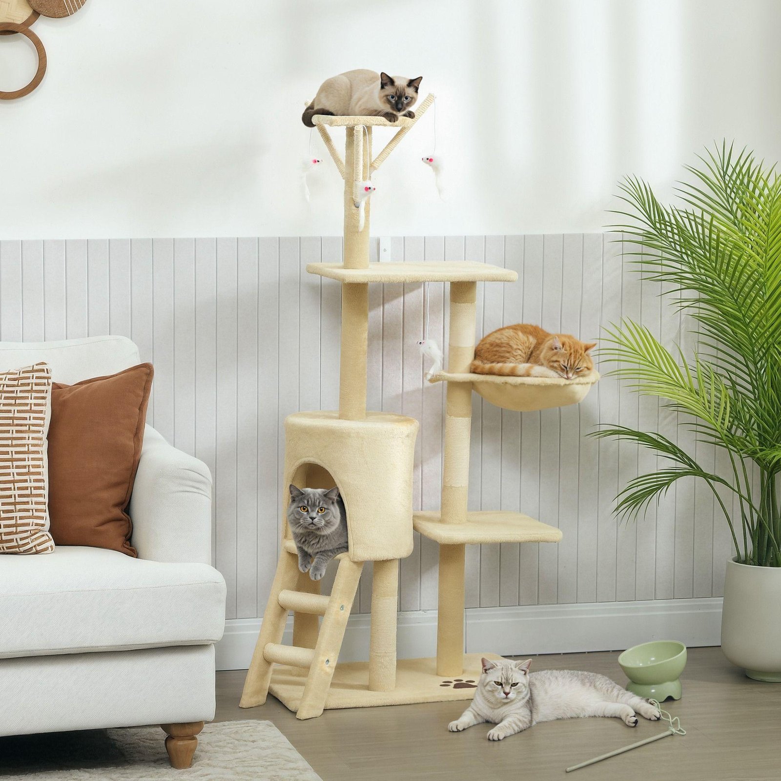 CARLA HOME 134cm Cat Tree for Indoor Cats with Hammock, Plush Perch & Sisal Scratching Posts for Kittens & Adult Cats (Beige) - Image 2