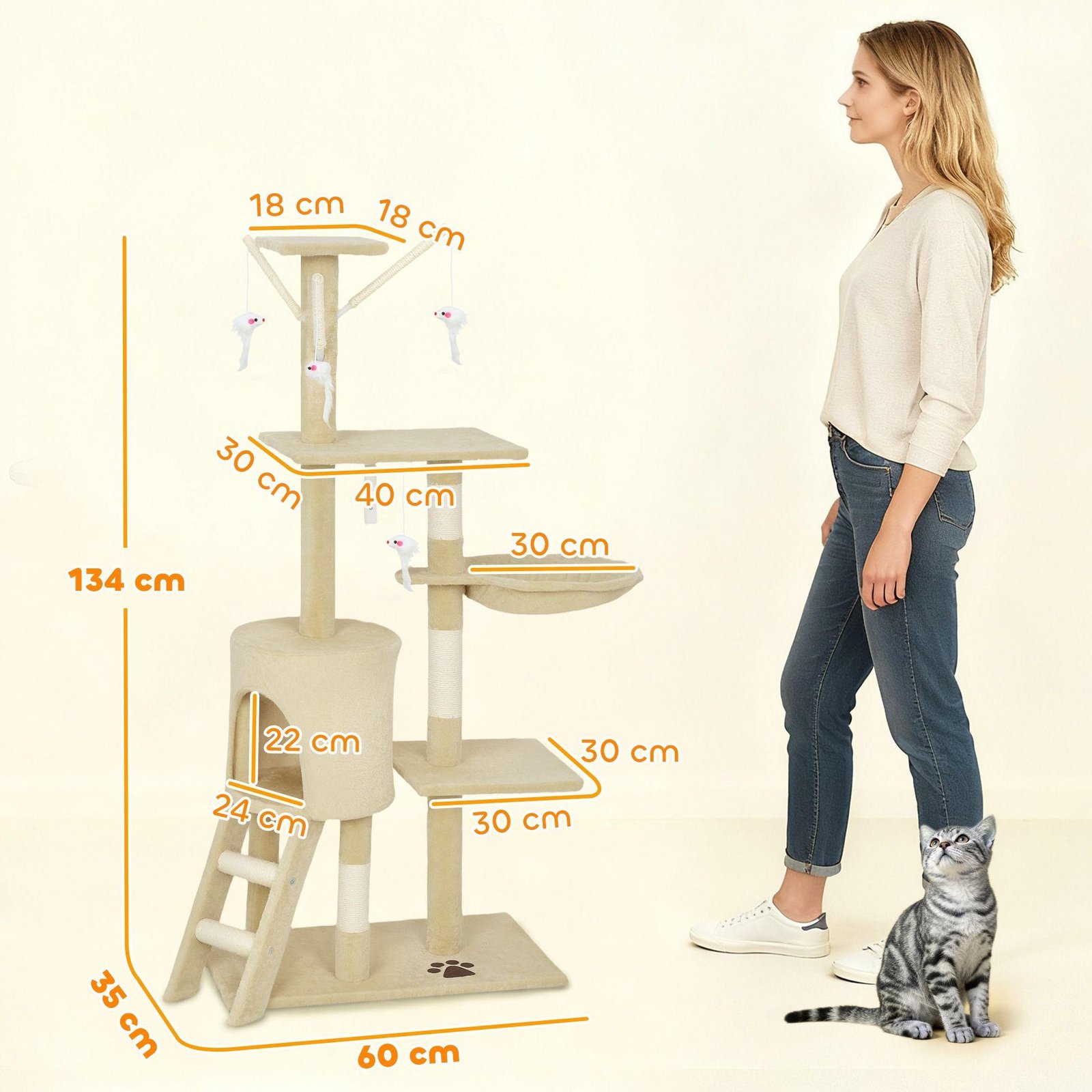 CARLA HOME 134cm Cat Tree for Indoor Cats with Hammock, Plush Perch & Sisal Scratching Posts for Kittens & Adult Cats (Beige) - Image 3