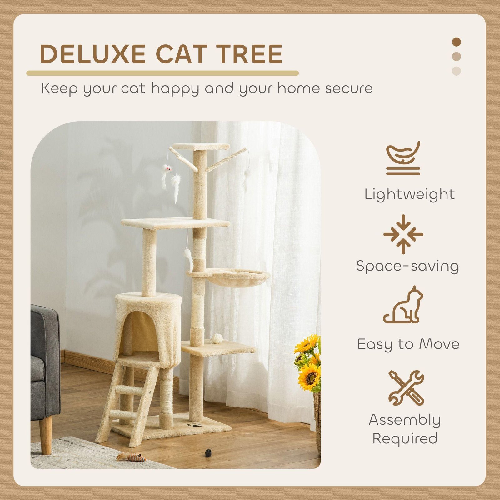 CARLA HOME 134cm Cat Tree for Indoor Cats with Hammock, Plush Perch & Sisal Scratching Posts for Kittens & Adult Cats (Beige) - Image 4