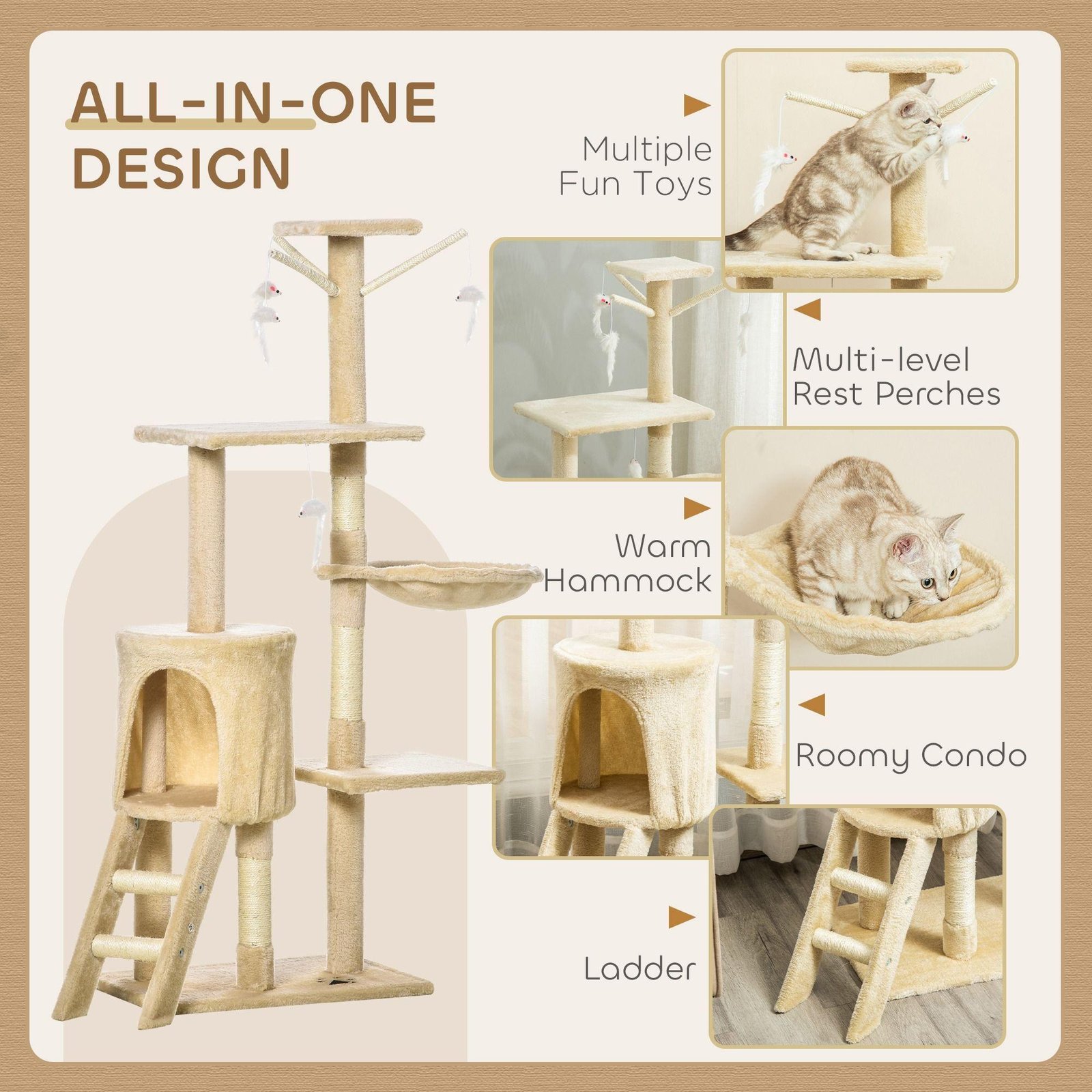 CARLA HOME 134cm Cat Tree for Indoor Cats with Hammock, Plush Perch & Sisal Scratching Posts for Kittens & Adult Cats (Beige) - Image 7