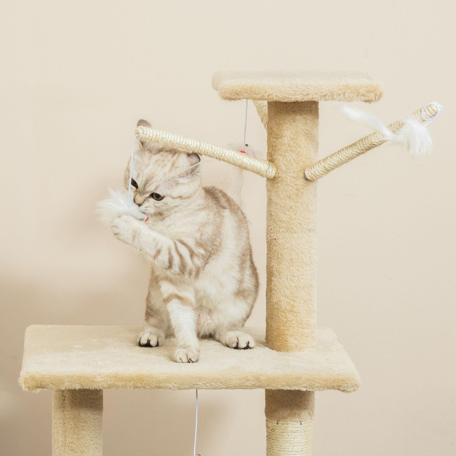 CARLA HOME 134cm Cat Tree for Indoor Cats with Hammock, Plush Perch & Sisal Scratching Posts for Kittens & Adult Cats (Beige) - Image 8
