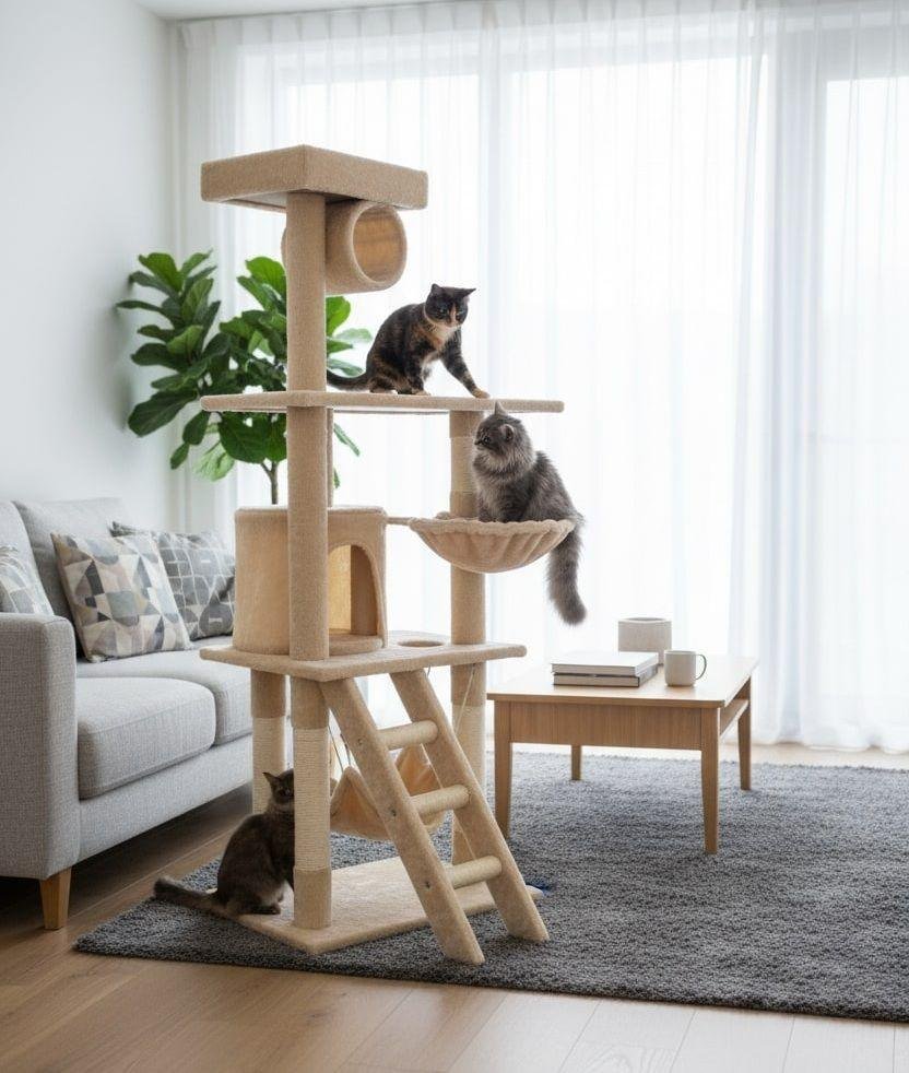 CARLA HOME 141cm Cat Tree Tower for Indoor Cats with Plush Perch, Ladder, Sisal Scratching Posts, Hammock & Condo for Kittens & Adult Cats (Beige) - Image 2