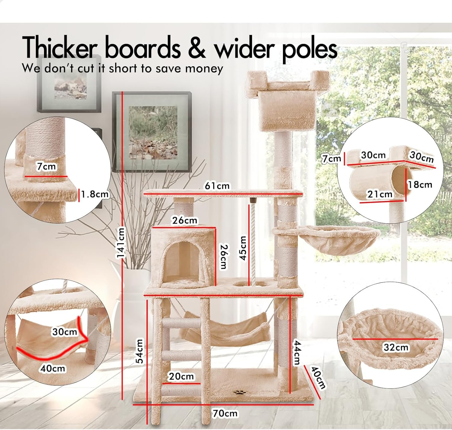 CARLA HOME 141cm Cat Tree Tower for Indoor Cats with Plush Perch, Ladder, Sisal Scratching Posts, Hammock & Condo for Kittens & Adult Cats (Beige) - Image 3
