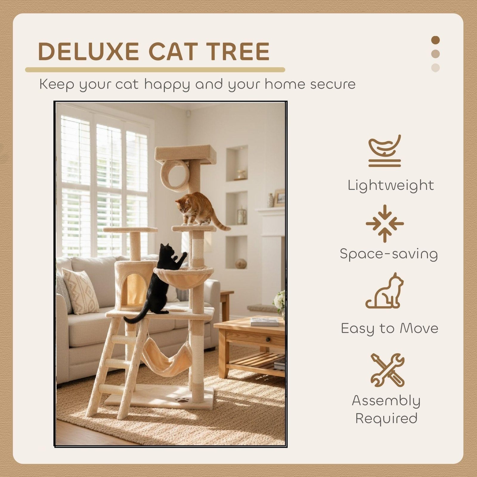 CARLA HOME 141cm Cat Tree Tower for Indoor Cats with Plush Perch, Ladder, Sisal Scratching Posts, Hammock & Condo for Kittens & Adult Cats (Beige) - Image 4